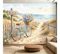 Générique Papier Peint Panoramique Vélo De Vacances À La Plage Poster Mural, Papier Peint Intissé Plage pour Salon Chambre Bureau Canapé TV Fond Décoration, 400 x 280 cm