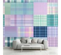 Générique Papier Peint Patchwork, 300x210, Bleu Sarcelle Violet | Papier Peint Panoramique Tartan Carreaux, Decoration Salon Chambre, Intissé Fresque Murale W66