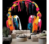 Générique Papier Peint Photo Panoramique 500 x 280 cm Art Urbain Graffitis Musique Casque Audio papier peint Pour Salon Chambre Bureau Couloir décoration Peinture murale décor Murale moderne, Noir