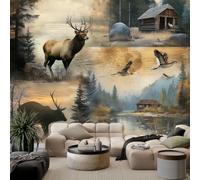 Générique Papier Peint Photo Rustique Campagne Forêt Cerf Ours Cabane 250 x 175 cm Papier Peint Mural Intissé, Poster Tapisserie Ferme américaine Mural Personnalisé Pour Fond Décor TV Murale