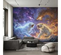 Générique Papier Peint Tigre Glace et de Feu Panoramique 350 x 250 cm, Papier Peint Intissé Animaux Fantastiques Dragon Décoration Murale, Papiers Peints pour Salon Chambre saf-16