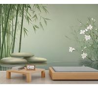 Générique Papier peint Zen Pierre, Grand papier peint Forêt de bambous pour salon, Fleurs de bambou Zen 200x200cm (Non autocollant)