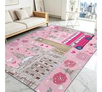 Générique Paris Romantique Tapis Shaggy Lavable 80 x 120 cm - Moelleux et Antidérapant Caoutchouc Anti-Sable Tapis, Bus Rouge Londres pour Salon Couloir Salle D'étude Décorations Intérieures