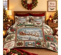 Générique Parure de Lit 135x200 Noël Housse de Couette Patchwork Père Noël | Ensemble de literie 2 Pièce avec Fermeture Éclair, Housse Couette et 1 Taie d'oreiller 65x65 cm