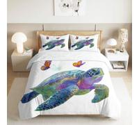 Générique Parure de lit Abstrait Lavis d'encre Tortue Marine 200 x 200 cm, Housse de Couette Onirique Aquarelle 3 pièces - Sets de Housses de Couettes Adultes Ado Fille avec Fermeture éclair Blanc