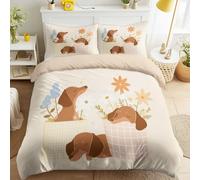 Générique Parure de lit Beige - Microfibre Brossée Douce - Dessin Animé Animal Mignon Teckel Chiot Fleur Douillet Style Campagne Housse de Couette, Housse de Couette 200 x 200 cm