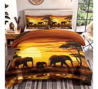 Générique Parure de Lit Double 2 Personnes, Housse de Couette Réversible 155 x 220 cm + 2 Taies d'oreiller 65x65 cm, Microfibre Ultra-Douce, Design Éléphants africains Crépuscule Parure Enfant/Ado