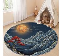 Générique Paysage Tapis Ronds Paysage Asie Est Traditionnel, Bleu | Tapis Rond 160 cm Lavable pour Salon, Antidérapant à Poils Courts, Doux pour Chambres et Salles à Manger Dortoir Entrée
