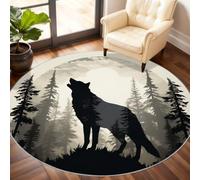Générique Petit Tapis Rond Lavable pour Chambre d'enfant, Salle de Jeux, Table Basse, décoration d'intérieur - Motif Loup - 90 cm