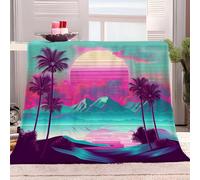 Générique Plaid Polaire 150x200 cm Rétro Palmier Soleil Violet Vert Couverture Polaire Sherpa, Moelleuse, Douce Et Chaude Jeté de Canapé, Couverture lit, pour Enfants Bébé Adulte