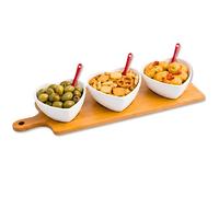 Générique Plateau Apéritif en Bambou avec 3 Coupelles en Porcelaine et Cuillères - Bol Apéritif pour Tapas, Olives, Sauces et Amuse-Bouches - Set Apéritif pour Buffet, Cocktail et Dégustation