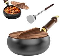 Générique Poêle Japonaise en Fer forgé avec Couvercle en Bois - Poêle Fonte Naturelle antiadhésive - Poêle Acier INOX sans revêtement - Wok Induction Compatible gaz, électrique,30cm
