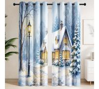 Générique Rideau Occultant Cosy Aquarelle, 132 x 214 CM (LxH) Motif Hiver Cottage, Rideaux Thermique, Oeillets, Opaque, Decoration Chambre, Salon, Draperies Fenetre