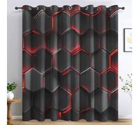 Générique Rideau Occultant Géométrique Noir Et Rouge Chambre, Rideaux Hexagone Nid d'abeille Salon, Thermique à Oeillets Fenêtre Decoration, Opaque Draperies 2 Pièces, 117 x 137 cm (L x H) E-D10