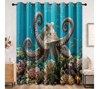 Générique Rideau Occultant, Moderne Thème Marin Pieuvre Bleu Motif Rideaux Thermiques à Oeillets, Imprimé Rideaux pour Salon Chambre Fenetre Décoration, 70 L x 200 H cm
