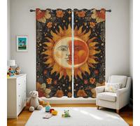 Générique Rideau Occultant Soleil Lune Rideaux Thermiques à Oeillets pour Chambre, Motif Céleste Hippie Bohème Rideaux Salon, Fleurs Botanique Lot de 2 Décoration de Fenêtre, Rideau 140x175 (LxH)