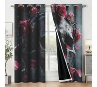 Générique Rideau Occultant Tête de Mort Gothique, Rideaux Thermiques à Oeillets pour Salon et Chambre, Motif Squelette Rose Épines Decoration Maison, L 140 X H 260, 2 Pièces Q-D52