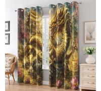 Générique Rideaux Dragon Chinois, 140x260 cm, Lot de 2 | Rideaux Occultant Motif Dragon Doré Mythique, Thermiques à Oeillets, Opaque, Decoration Chambre Salon Fenetre Q-D59