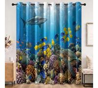 Générique Rideaux Occultants à Motif Chambre d'enfant Océan Requin Corail, Lot de 2 Rideaux Isolant Thermique à Oeillets, Bleu Rideau Doux pour Salon Chambre, 75 L x 166 H cm