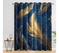 Générique Rideaux Plume, 140x240 (L x H), Lot de 2 - Rideau Occultant Motif Bleu Or pour Salon Chambre Fenetre, Decoration Maison, avec Oeillets(OI156)
