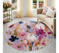 Générique Rond 180 cm Tapis Rond pour Salon, Chambre à Coucher et Cheminée Motif Peinture À l'huile Abstraite Florale Vibrante Lavable en Machine et Antidérapant Rose