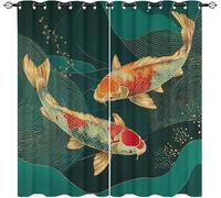 Générique Salon Rideau Occultant 2 Pièces 91.5L X 214H cm Motif Carpe Koï Japonais Rideaux Thermique Isolant Tenture Opaque à Oeillets Vert Foncé Draperies Anti UV Decoration Chambre Enfant Adult
