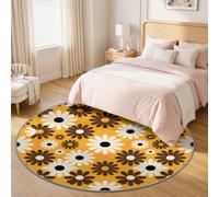 Générique Salon Tapis Rond Années 70 Rétro Floral Antidérapant Lavable | Brun Foncé Marguerite Cercle Cœur De Fleur Tapis 100 cm à Poils Courts Garçons Filles pour Salon Chambre Nursery