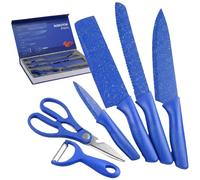 Générique Set couteaux de cuisine 6 pièces - couteau cuisine ultra tranchant professionnel en acier inoxydable avec revêtement antirouille, ensemble complet de couteaux et ustensiles de cuisine bleus