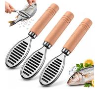 Générique Stainless Steel Fish Scaler with Wooden Handle, Manual Scale Remover (3 pcs)