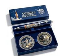 Générique Stylo commémoratif Artemis II, mission retour sur la Lune, avec pièce de monnaie, stylo à bille sur le thème des astronautes et des fusées, pour les passionnés d'espace (02#)