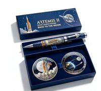 Générique Stylo commémoratif Artemis II, mission retour sur la Lune, avec pièce de monnaie, stylo à bille sur le thème des astronautes et des fusées, pour les passionnés d'espace (03#)