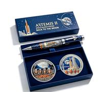 Générique Stylo commémoratif Artemis II, mission retour sur la Lune, avec pièce de monnaie, stylo à bille sur le thème des astronautes et des fusées, pour les passionnés d'espace (01#)