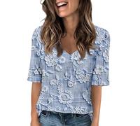 Générique T-Shirt Col V Demi-Manches Longueur Coude Ajusté Modèle Basique 2026, Tunique et Blouse Tendance pour des Looks soignés ou décontractés Durant la Saison Estivale(Light Blue, S)