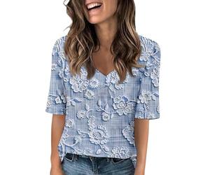 Générique T-Shirt Col V Demi-Manches Longueur Coude Ajusté Modèle Basique 2026, Tunique et Blouse Tendance pour des Looks soignés ou décontractés Durant la Saison Estivale(Light Blue, S)