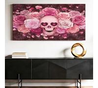 Générique Tableau Décoratif sur Toile 100 x 40 cm Romantique Gothique Sombre Halloween Art Déco Salut Impression sur Toile Crânes Roses Grand Décoration Art Mural Toile Imprimée Salon Chambre Cuisine
