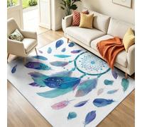 Générique Tapis à Motif Attrape-Rêves Onirique avec Plumes Salon, 140 x 200 cm Lavable en Machine Tapis Chambre Poil Court Doux, Bleu Multicolore Antidérapant pour Salon Chambre Salle a Manger