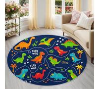 Générique Tapis Animal Personnage 180 cm Rond à Motif Dinosaure & Chemin Ludique Moderne Bleu Multicolore - Antidérapant et Lavable en Machine - Poils Courts - pour Pépinière - Épaisseur 0.7 cm