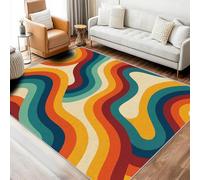 Générique Tapis Carré Retro Années 70 Salon 100x100 cm Motif Rayures Coloré Texture Abstrait Vintage, Tapis Lavable Antidérapant Doux Poil Court, Decoration Chambre Descente De Lit Carpet