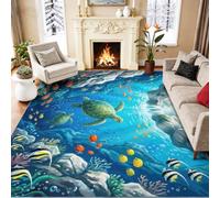 Générique Tapis Chambre 160x230 cm sous-l'eau Paysage Tapis Salon Bleu | Antidérapant et Lavable, Mer Animal Tortue Poisson, pour Cuisine, Chambre d'enfant, Bureau, Pliable Poil Ras Tapis de Marche