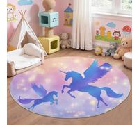Générique Tapis Chambre Enfant Bébé Fille Garçon Rond 180 cm Fantaisie Espace Licorne Ailée Bohème & Galaxie De Ciel Étoilé - Grand Doux Rampant pour Petite Chambre d'enfant Salon, Violet