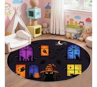 Générique Tapis Chambre Enfant Bébé Fille Garçon Rond 180 cm Halloween Animal Chat Noir d'halloween avec Chapeau De Sorcière - Grand Doux Rampant pour Petite Chambre d'enfant Salon, Noir