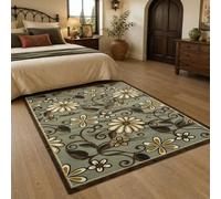 Générique Tapis de décoration,Motifs Floraux Vert, Marron, Blanc, Jaune, 80 x 120 cm, Tapis Poils Courts Salon, Descente de lit Chambre, Antidérapant, Lavable,