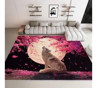 Générique Tapis de Salon Lavable en Machine 140x200 cm Antidérapant avec Motif Imprimé, Loup Lunaire Romantique Fleur de Cerisier Rose Tapis Chambre pour la Chambre à Coucher, Le Bureau à Domicile