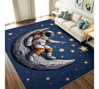 Générique Tapis Dessin Animé pour Salon Salle à Manger Chambre à Coucher, Tapis Poil Ras Astronaute Lune Étoiles Doux antidérapant, Decoration Maison Grand Interieur Moquette (Bleu, 120 x 160 cm)