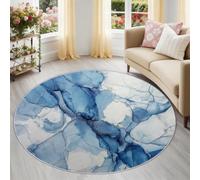 Générique Tapis Rond 150 cm Lavable Machine, Moquette Antidérapante Poil Bas Style Abstrait, Motif Effet Ombré Encre Aquarelle Moderne Doux pour Chambre d'amis Artistique, Blanc Bleu