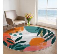 Générique Tapis Rond 160 cm Lavable Machine, Moquette Antidérapante Poil Bas Style Abstrait Feuille, Motif Collage Artistique Moderne Doux pour Salle De Séjour, Orange Bleu Canard