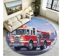 Générique Tapis Rond 200 cm Lavable en Machine, Antidérapante Poils Courts Cartoon Camion Pompier Doux Tapis de Sol Décoration pour Salon, Chambre, Cuisine, Salle à Manger, Bureau (Bleu)