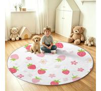 Générique Tapis Rond 80 cm Doux à Poils Courts, Antidérapant | Cartoon Tapis de Sol - Fruit Fraise Feuille Fleur pour Chambre d'enfant, Salon, Salle de Jeux et Cuisine, Blanc
