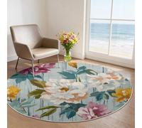 Générique Tapis Rond 90 cm Lavable Machine, Moquette Antidérapante Poil Bas Style Floral Abstrait, Motif Botanique Imposante Vibrante Moderne Doux pour Chambre, Bleu Rose