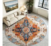 Générique Tapis Rond 90 cm Tapis Antidérapant Oriental Beige | Lavable en Machine Imprimé bleu Poil Court Doux Tapis Salon Entrée Descendre Salle de séjour, Bureau, Carpet